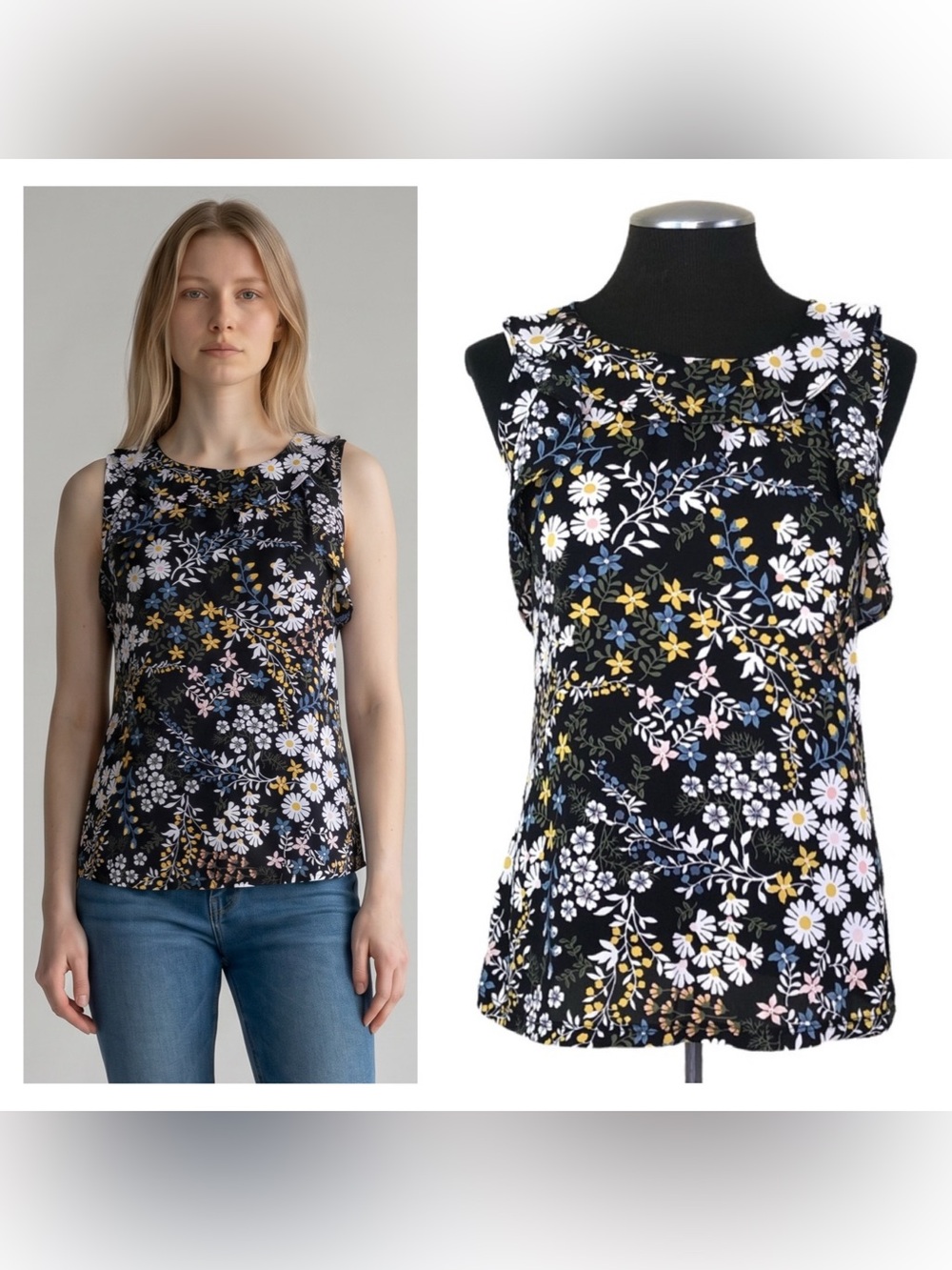 🆕 LOFT Outlet - Floral Sleeveless Ruffle Mixed Media Top - Petite Small
